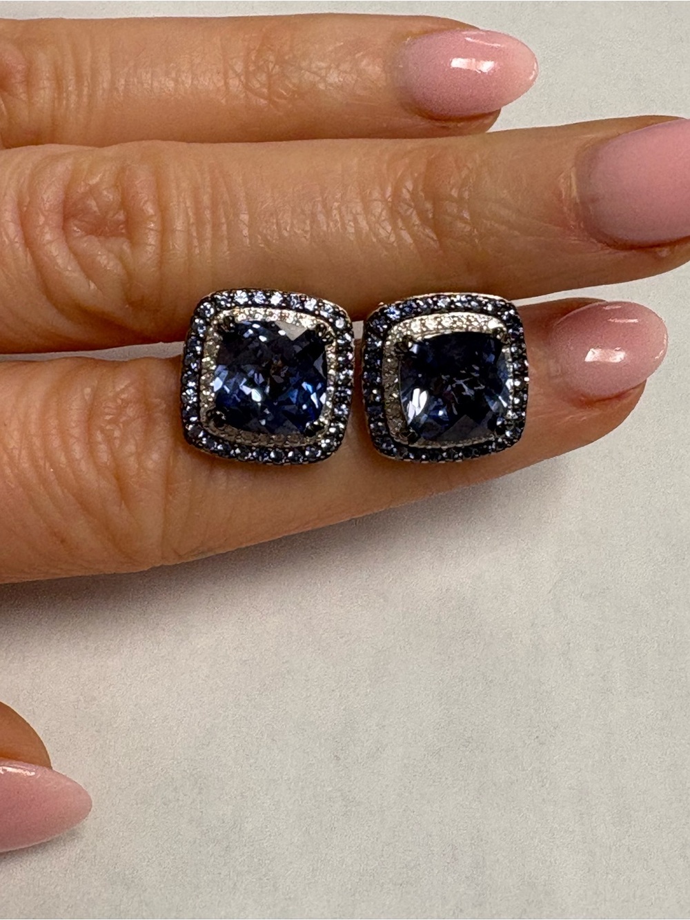 Suzy Levian Blue Sapphire Cushion-Cut Halo Stud Earrings NWT